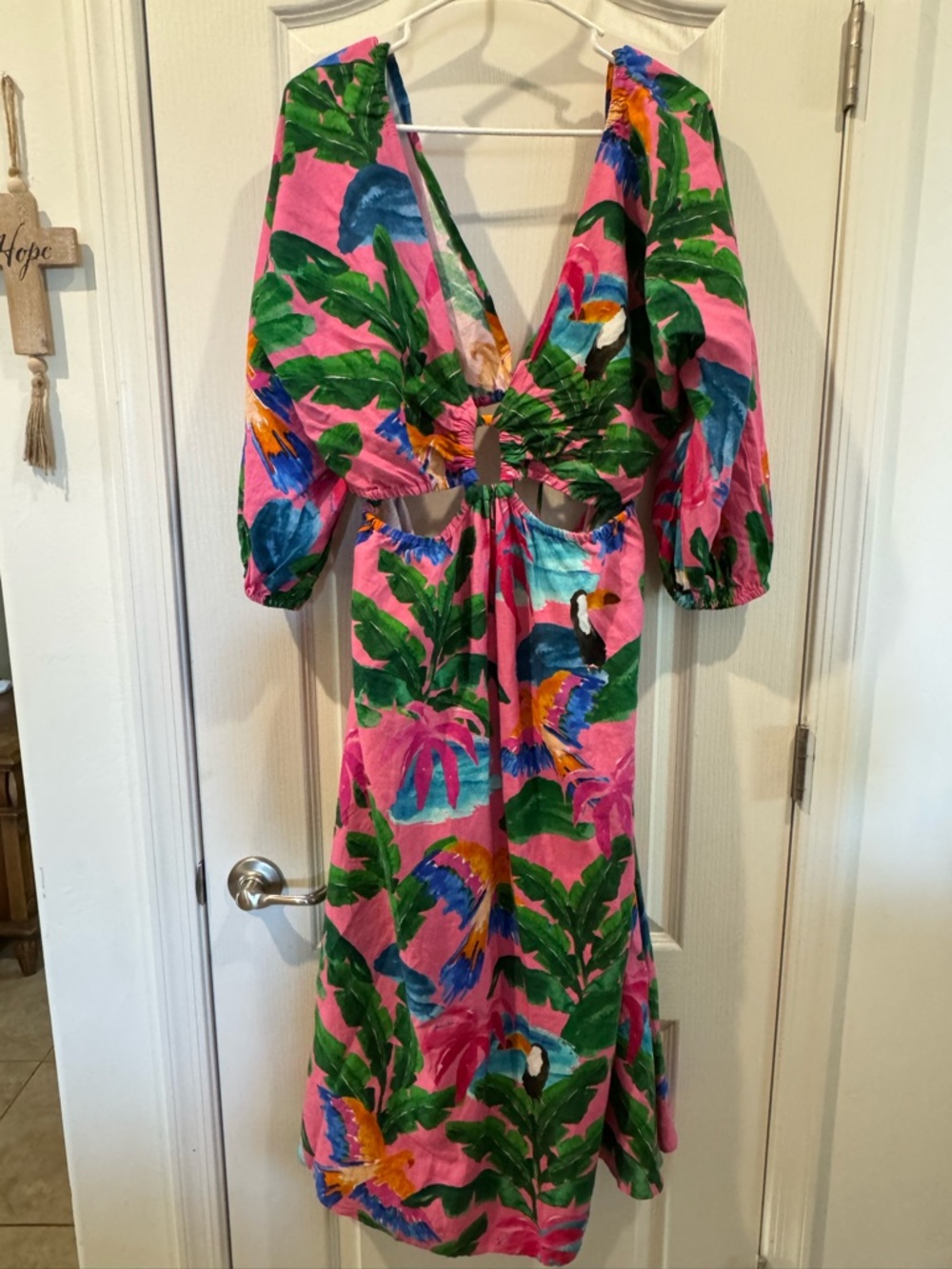 Farm Rio x Anthropologie Printed V-Neck Cutout Dress Pink Parrot Tropical XL